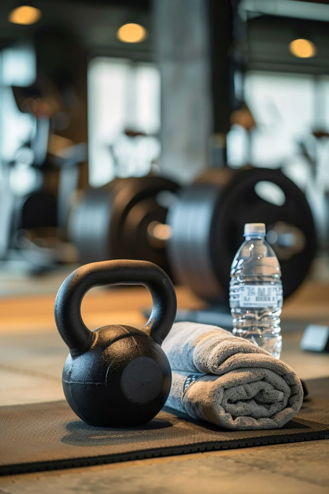 Gym kettlebell and equipment representing muscle measurement with FFMI calculator